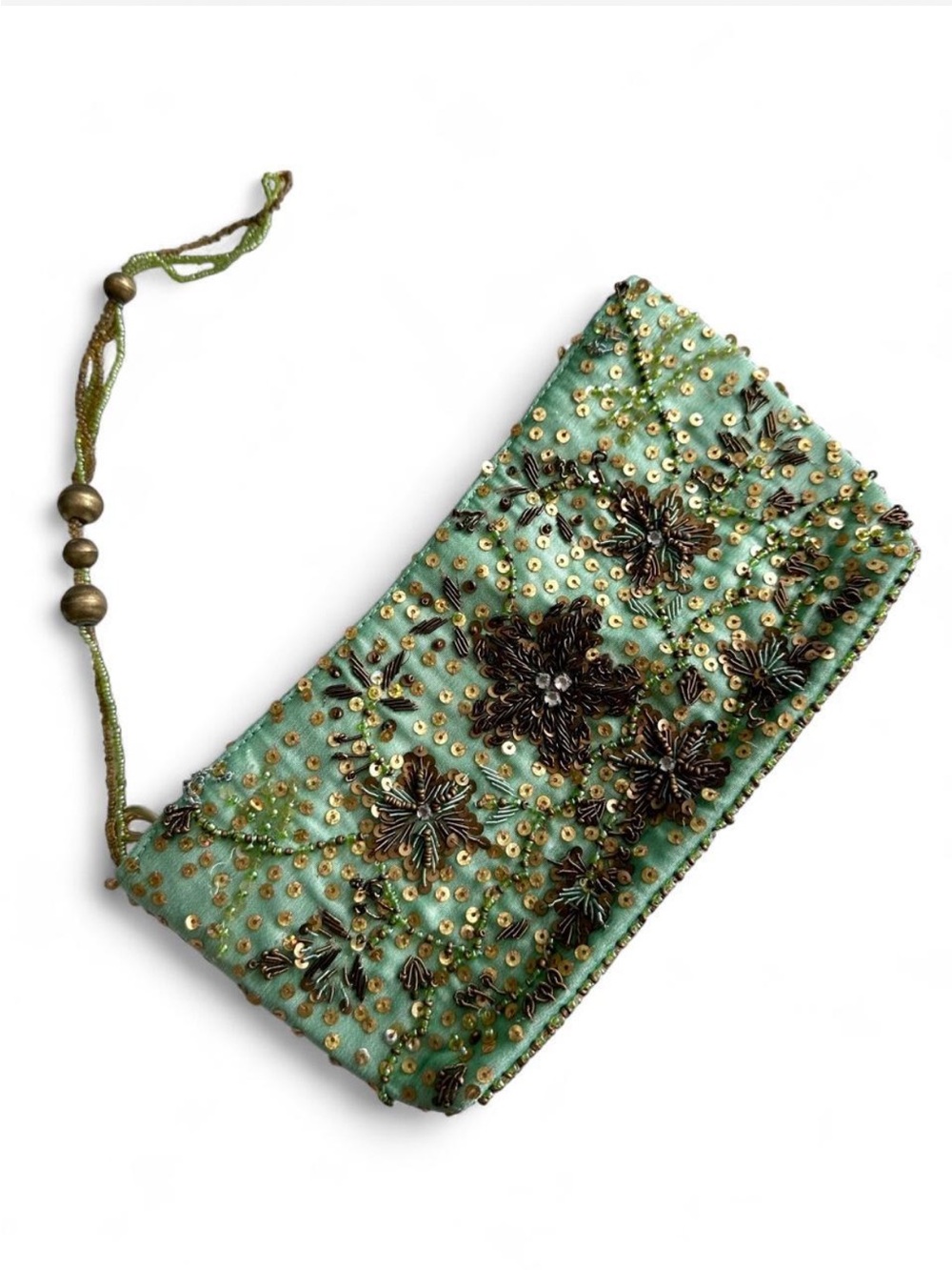 Embellished Gold Sequin Mint Green Floral Clutch